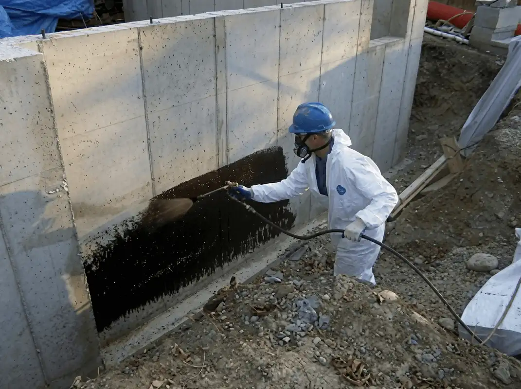 Professional waterproofing the exterior walls of the basement in Wichita, KS