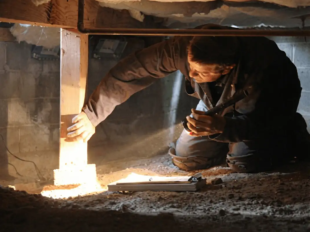 A professional inspecting wooden beams under the floor of a structure in Wichita, KS